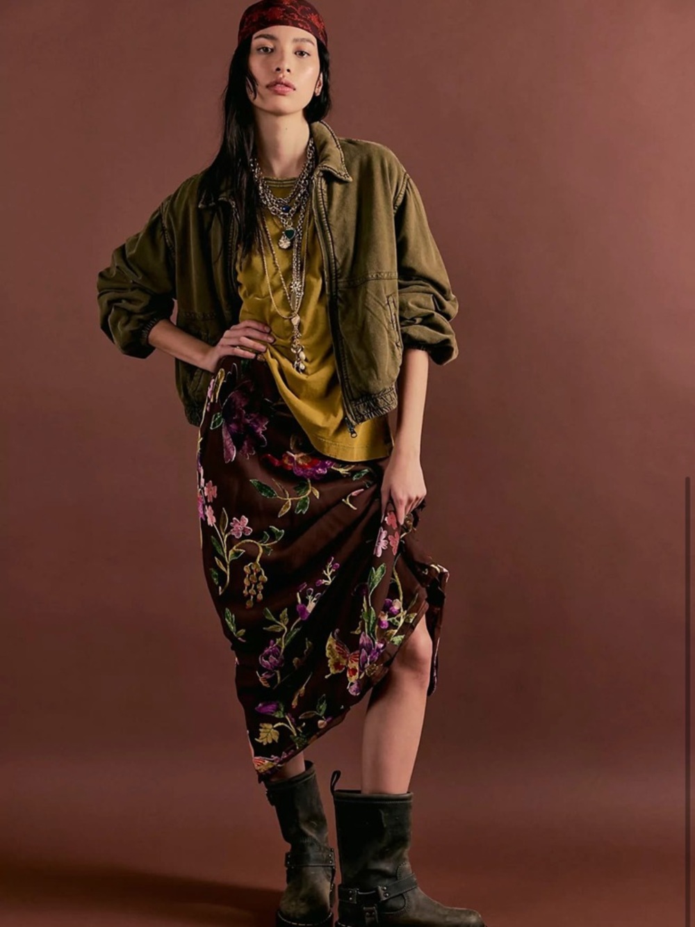 Free People Secret Garden Burnout Floral Midi Skirt- Chocolate Combo